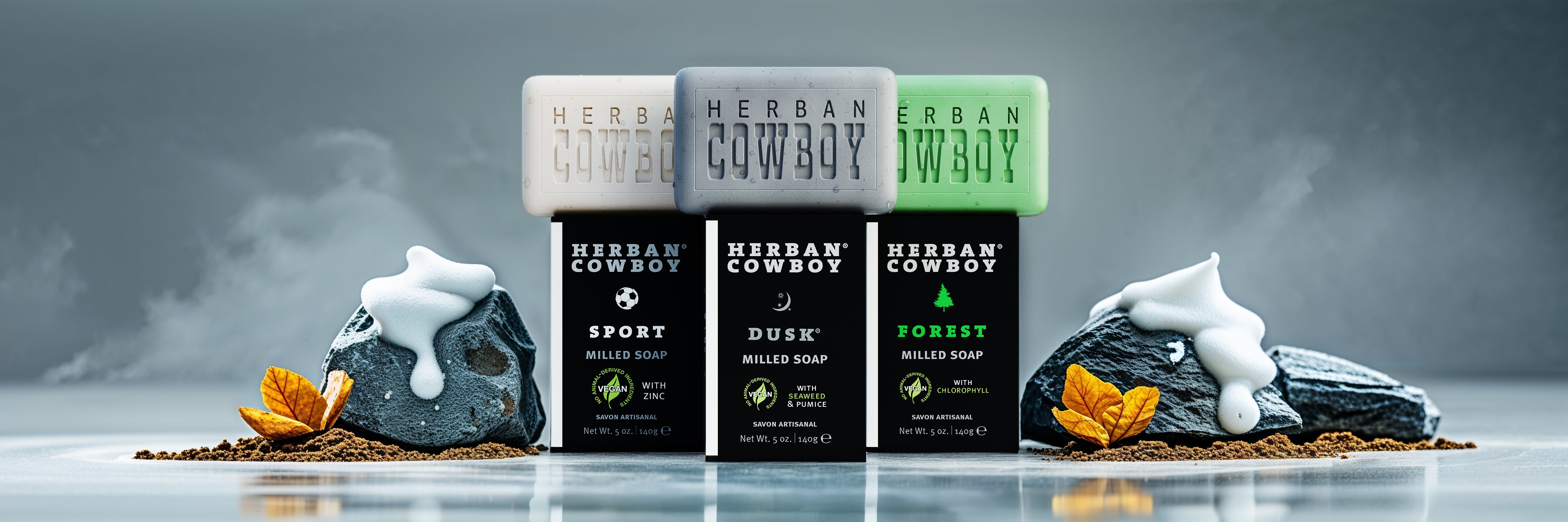 Herban Cowboy 3-piece bar soap bundle featuring Dusk, Forest, and Sport scents