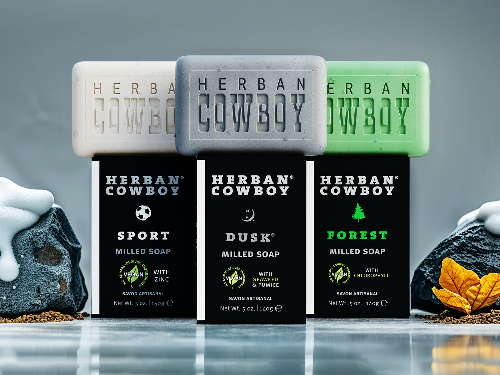 Herban Cowboy 3-piece bar soap bundle featuring Dusk, Forest, and Sport scents